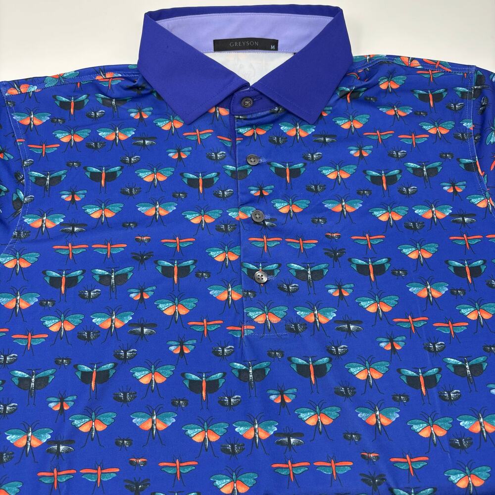 Greyson Shutterfly Mens Medium Blue Insect Pattern Short Sleeve Polo!  Must see!